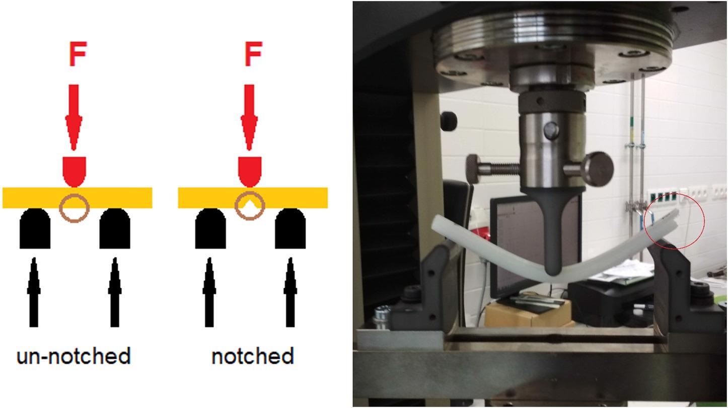 A scheme of experimental testing (left) and an image of real-time three-point bending test of un-notched 3D printed specimen (right) – a delamination can be seen in the red circle. (For interpretation of the references to colour in this figure legend, the reader is referred to the Web version of this article.)