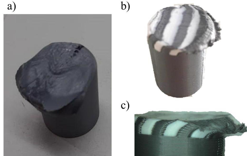 ??Images of the PLA specimens after tests with severe parameters: (a) specimen S, specimen L50 (b) whole view and (c) cross-sectional view.