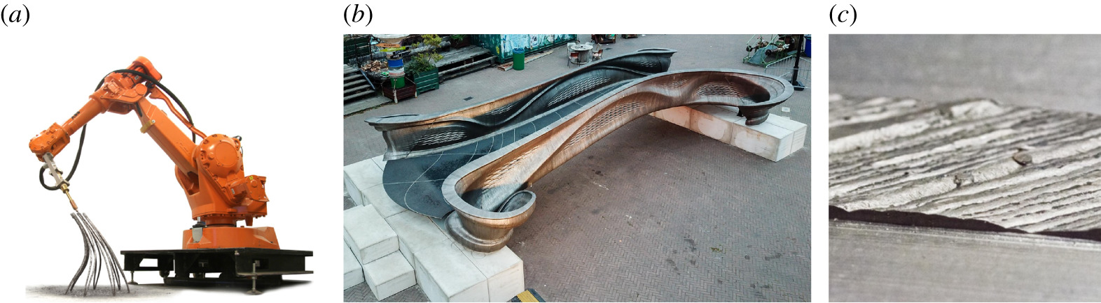 (a) The three-dimensional printing protocol developed by MX3D uses a weld head attached to a robotic arm (image by Joris Laarman, www.jorislaarman.com). (b) Pedestrian bridge manufactured using three-dimensional-printed steel. (c) Close-up of the geometric variation on the surface of the material. (Online version in color.)