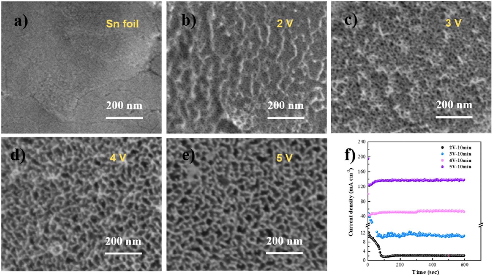 (a–e) SEM micrographs of Sn foil after anodization at various potentials in 1?M NaOH; (f) anodic oxidation i-t curves at various potentials in 1?M NaOH.