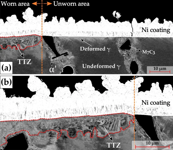 a SEM BSE micrographs of the transverse section encompassing both the worn and the unworn regions. The dashed orange vertical line represents the wear track edge. The respective HCCI microstructural phases are marked for reference along with the Ni coating. The dashed red enclosure represents the tribologically transformed zone (TTZ); b Magnified BSE micrograph of the worn area as indicated in (a). The Ni coating is marked for reference and the dashed enclosure indicates the TTZ (Color figure online)