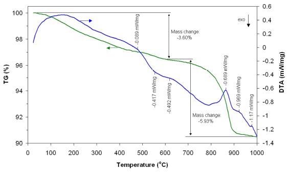 TG-DTA curves of gadolinium aluminate (before heat treatment).