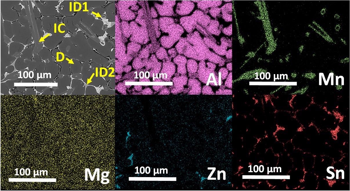 SEM image and EDS elemental mapping of the as-cast Al80Mg5Sn5Zn5Mn5 alloy.