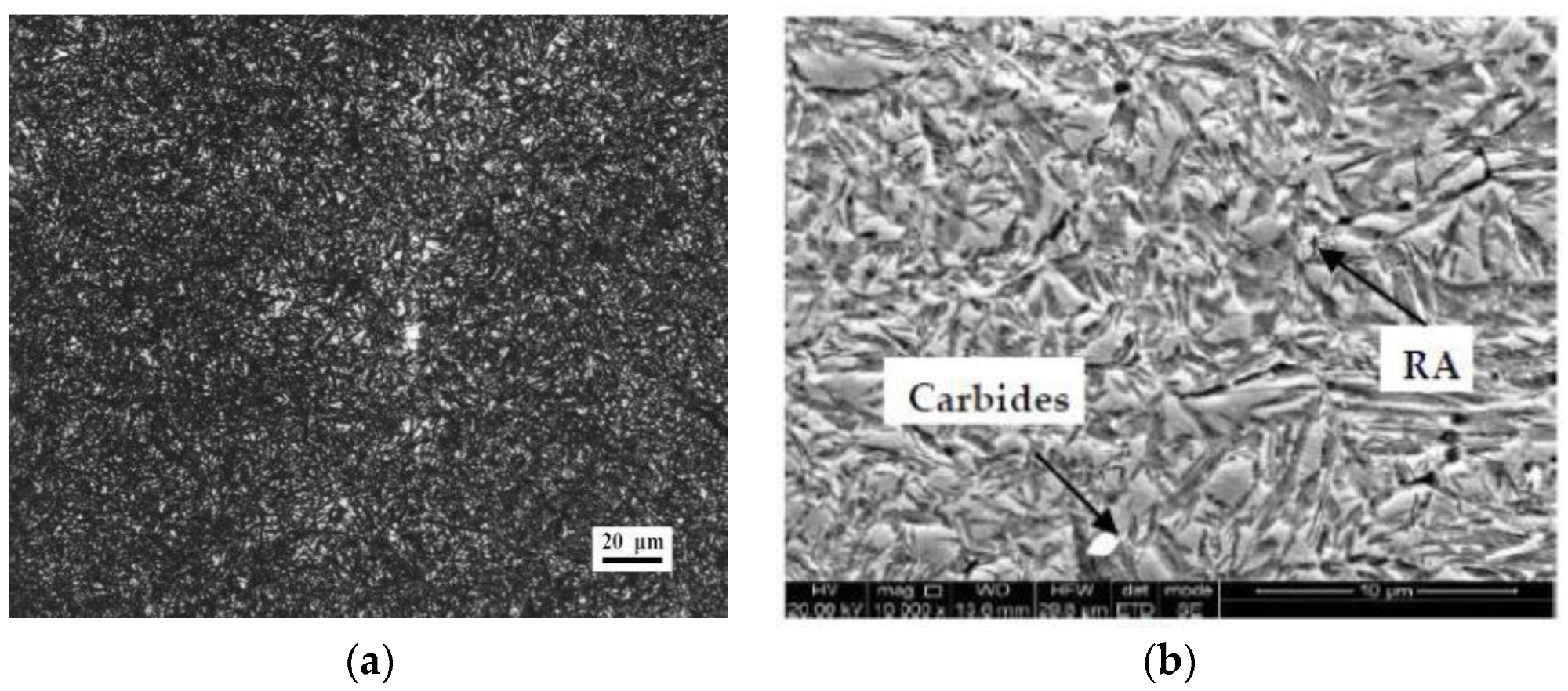OM and SEM of the carburizing layer: (a) optical microscope microstructure of the carburizing layer and (b) electron microscope microstructure of the carburizing layer.
