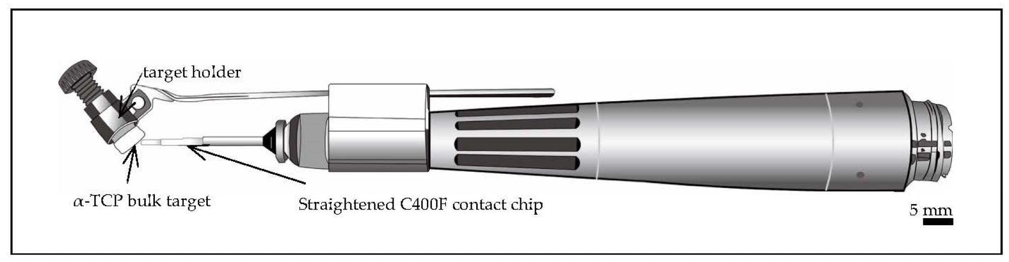 The schematic graph of handpiece consisting of a straightened C400F contact tip and a-TCP bulk target.