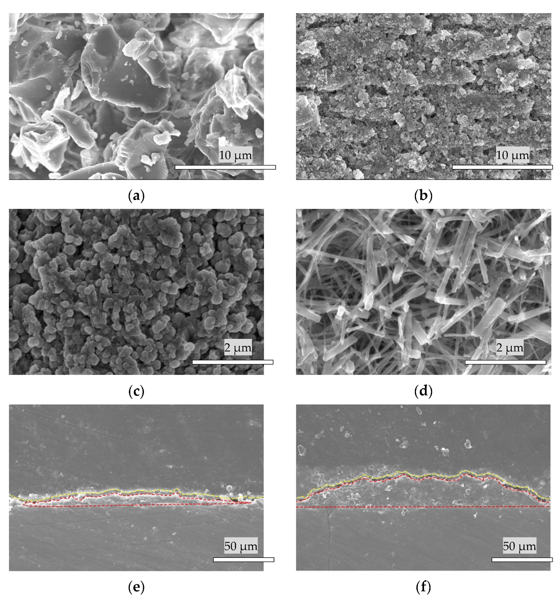 SEM images of (a) (10 kV) a-TCP powder, the deposition of a-TCP layer by (b) (10 kV) 1 pulse and (c) (5 kV) 25 pulses of Er:YAG-PLD. (d) (15 kV) Plate-like crystallites of HAp after hydrolyzation by 25 pulses of PLD. The cross-sectional SEM of HAp coated specimens by one pulse (e) (10 kV) and 25 pulses of Er:YAG-PLD (f) (10 kV) following hydrolyzation.