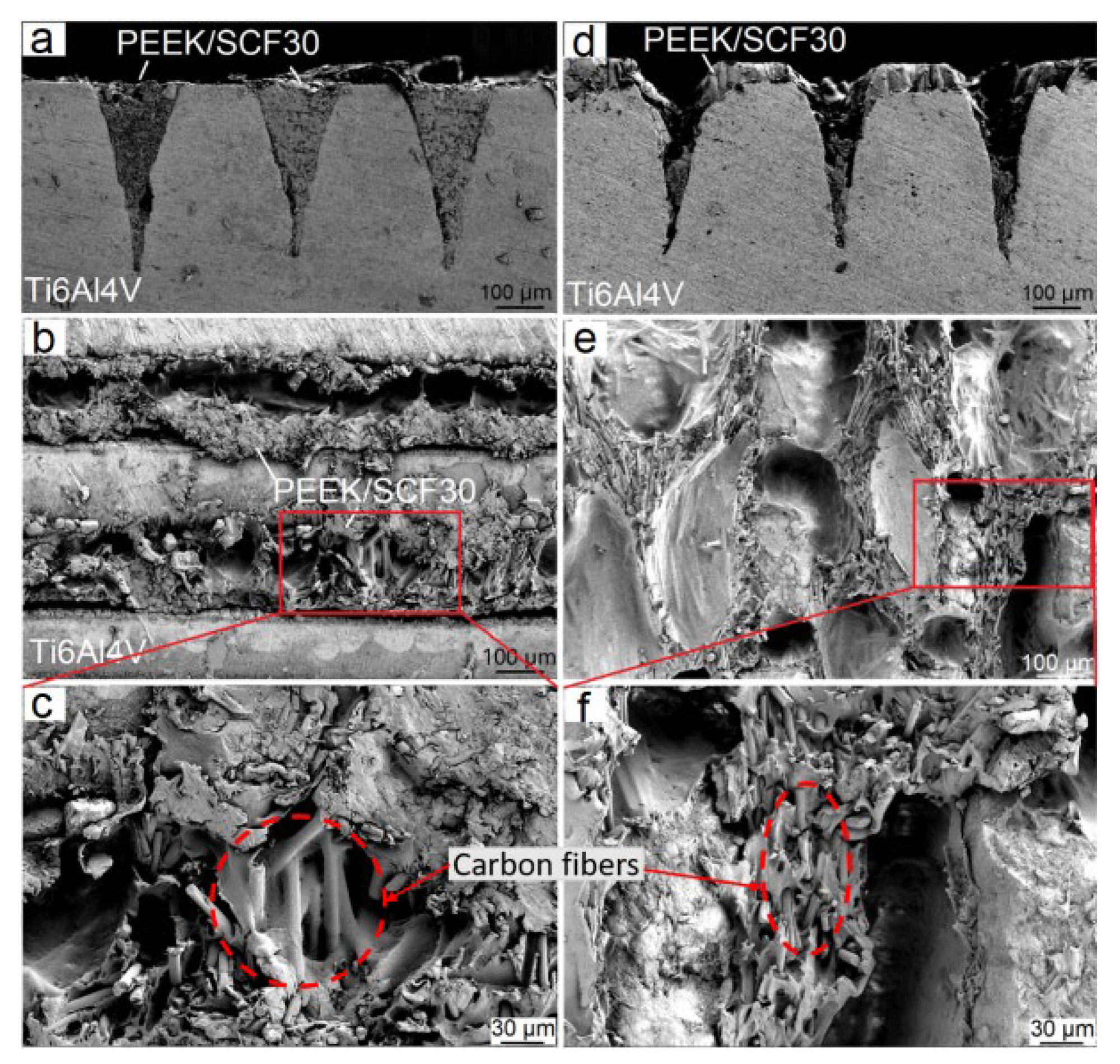 Typical cross-sectional images of the fractured joints ((a), (Sdf = 63.8%), (d), (Sdp = 85.6%)) and the morphologies of the detached surfaces (b,c,e,f) after tensile tests.