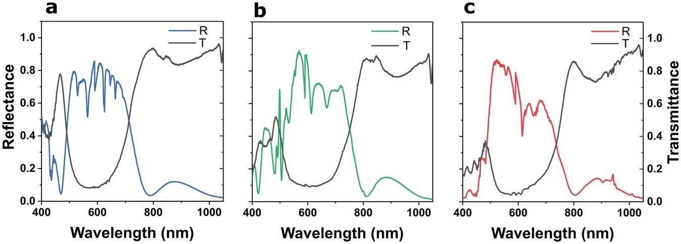 Optical characterization of transmittance (black) and reflectance (colored line) from quasi-3D PhCs for three different pitches. a) 400 nm, b) 500 nm and c) 600 nm under supercontinuum white light illumination.