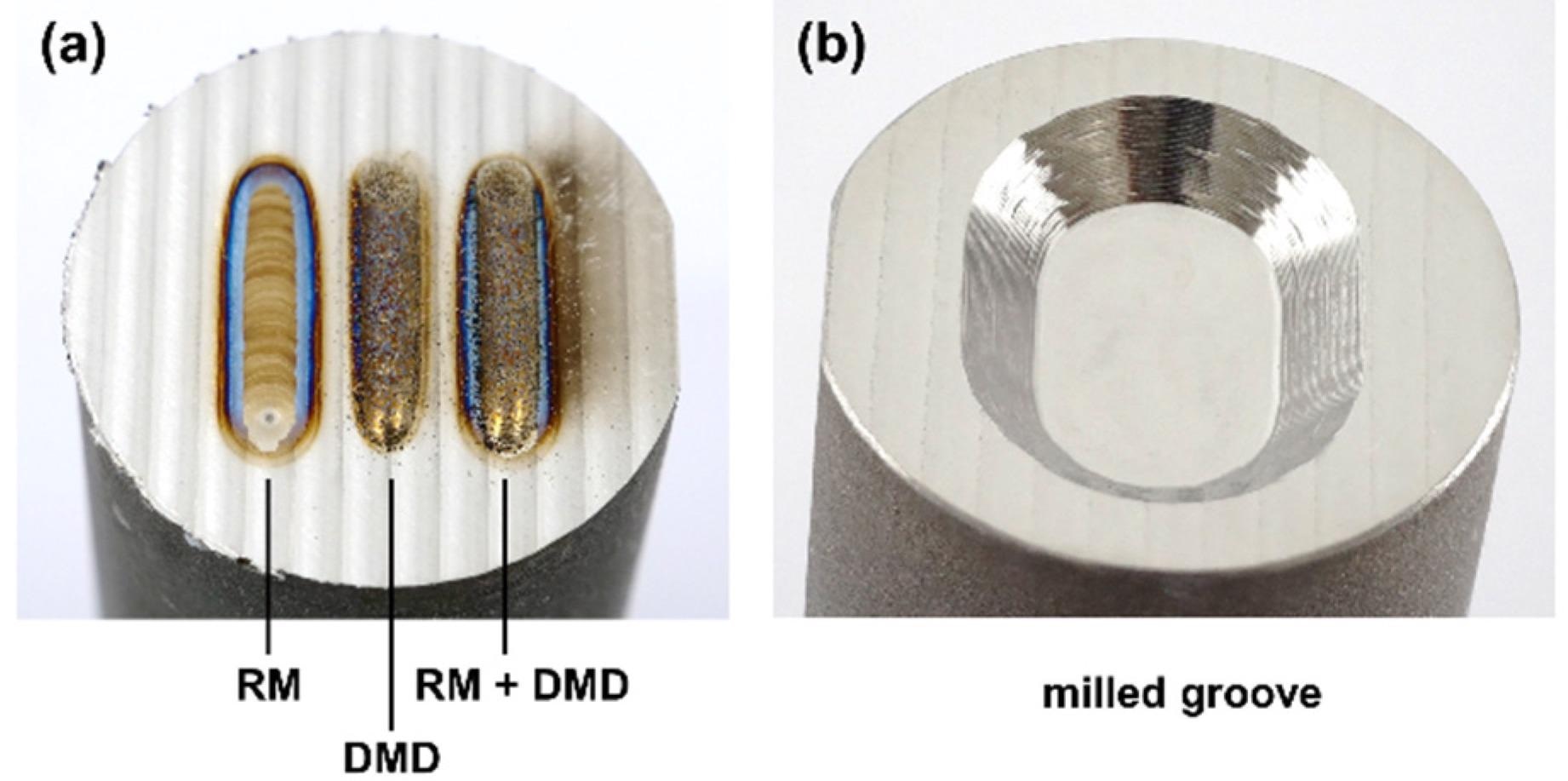 (a) Single tracks deposited in face-milled substrates and (b) groove geometry after machining