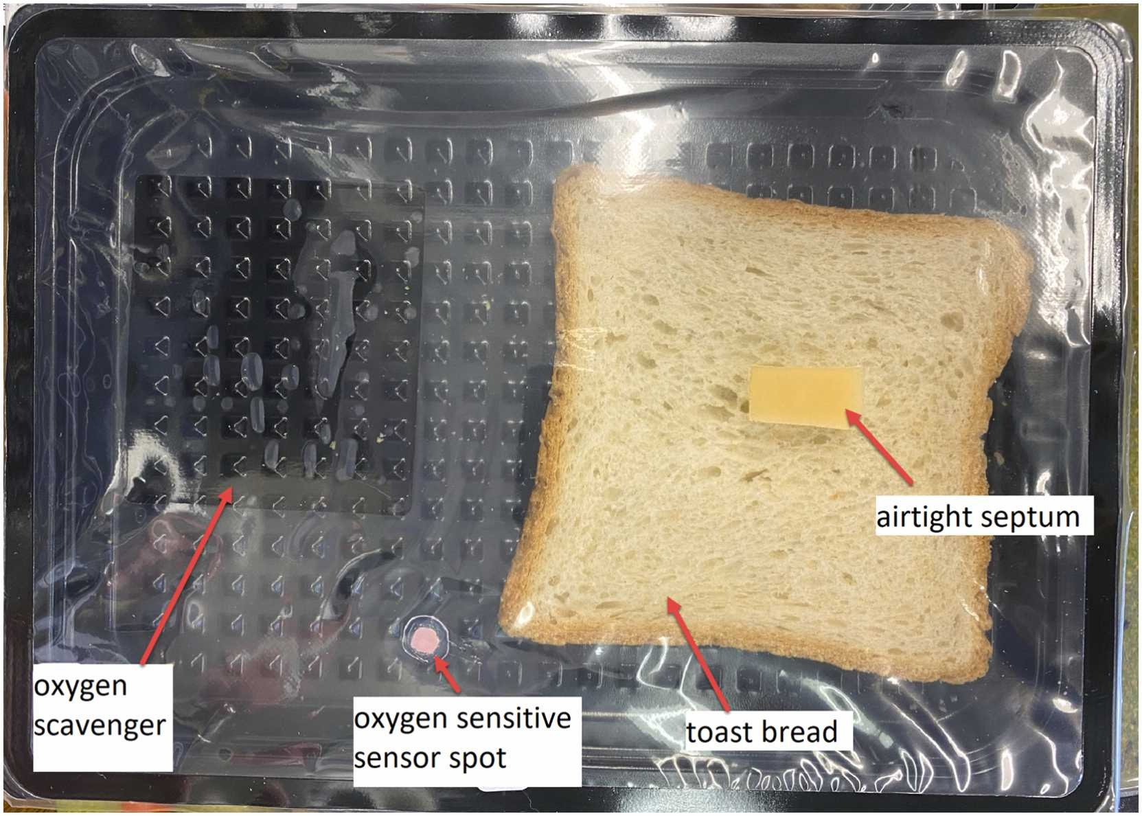 Experimental set-up to evaluate the influence of palladium-based oxygen scavenger on the mould free shelf life of bakery products. High barrier tray containing the oxygen scavenger (catalytic system based on palladium) attached on the lidding film, toast bread slice, airtight septum through which the bakery sample was inoculated and an oxygen sensitive sensor spot.