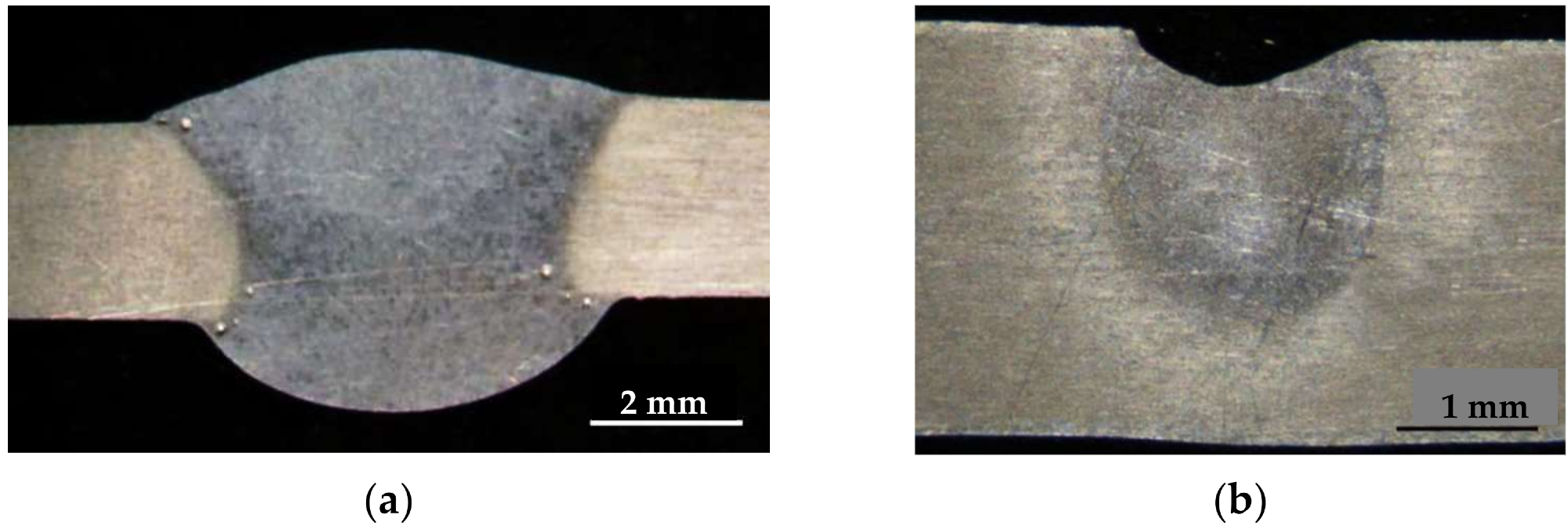 Macrostructure of welds made by different welding methods of 1420 alloy at different initial state: (a) argon arc welding (MIG) with AlMg-6 wire, base material after TVT; (b) electron beam welding (EBW), base material after TVT.