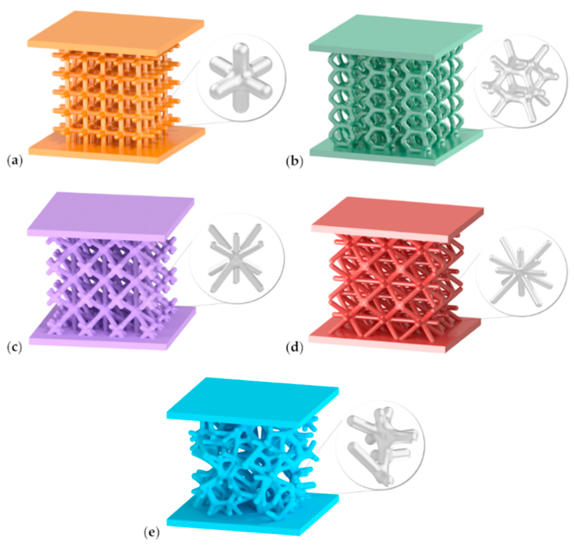 Lattice structures designed in Autodesk Netfabb 2021, with the following topology: (a) Grid; (b) Hexagon; (c) Star; (d) Tetra; (e) Trabecular, together with enlarged beam-like shapes.