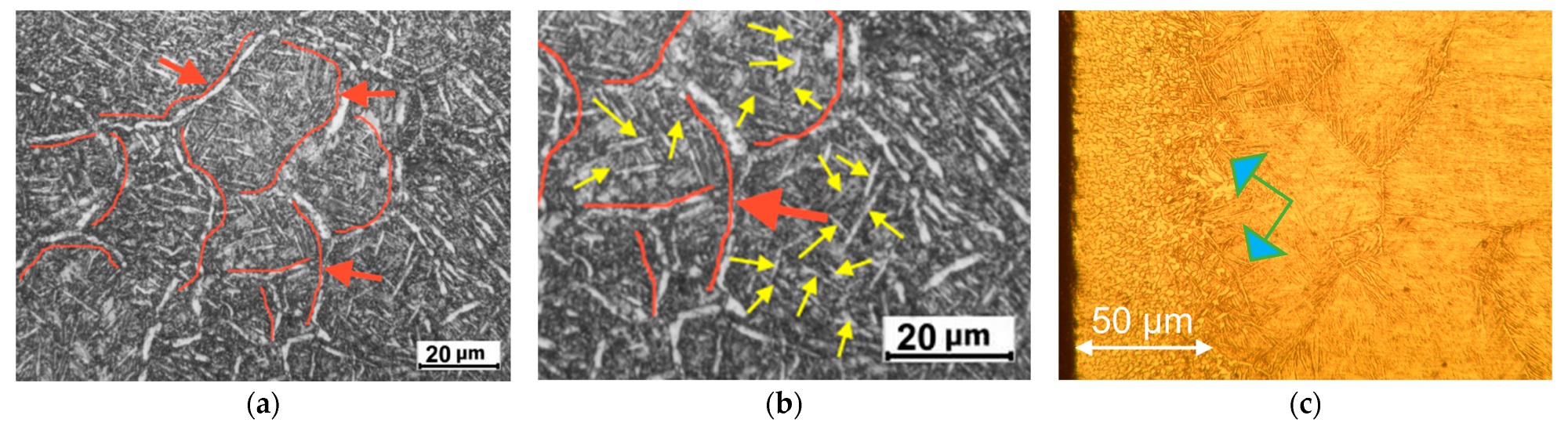 Microstructure of the BT22 alloy: (a) a phase on the boundaries of ß grains, in the as-supplied condition; (b) randomly oriented a phase inside ß grains, in the as-supplied condition; (c) after nitriding. The arrows show the boundary of the nitrided layer.
