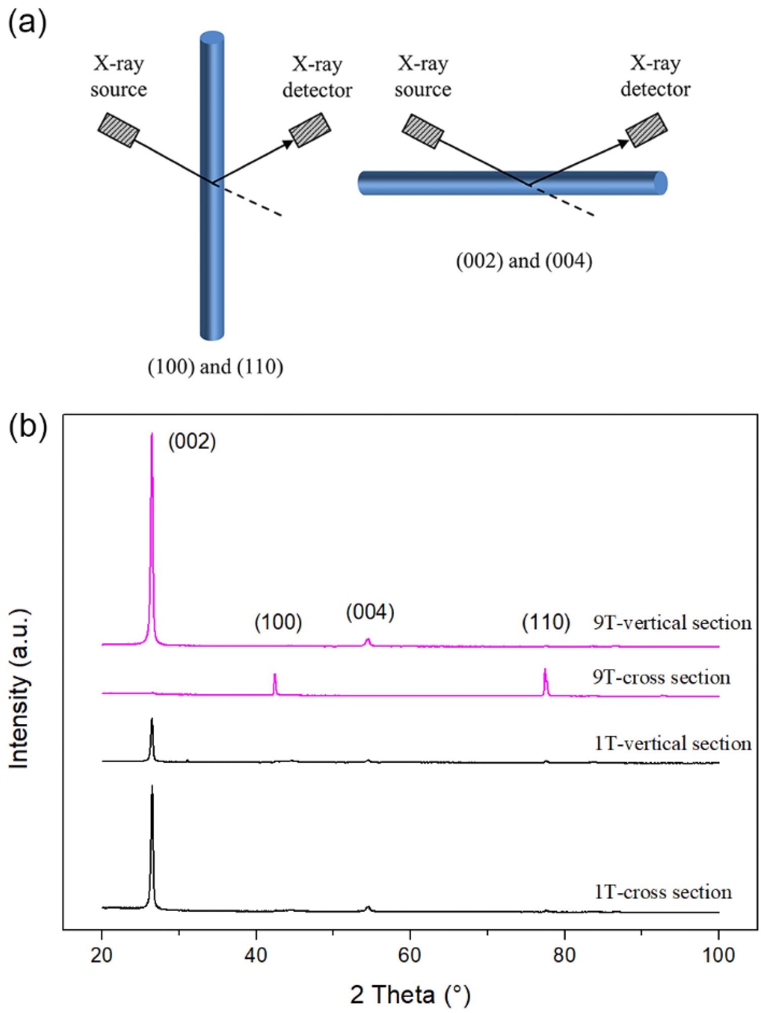 XRD analysis of CF–rubber composites. (a) Illustration of alignment effect of CFs on XRD patterns; (b) XRD patterns of 1 T and 9 T samples in vertical-section and cross-section.