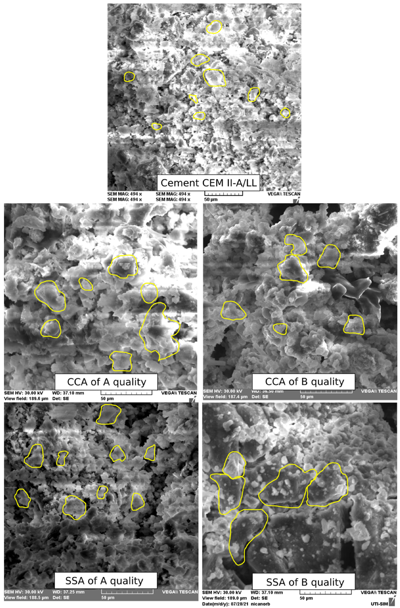SEM images of CCA, SSA and cement at the magnification rate of 50 µm.