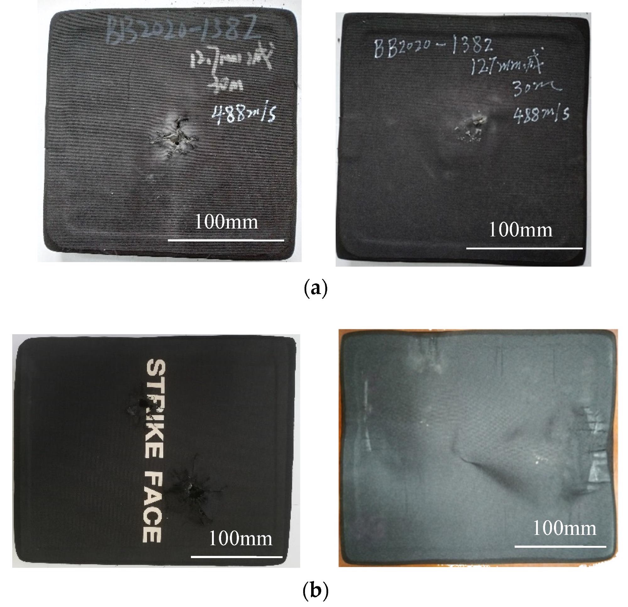Front and back surfaces of ceramic composite targets after bullet impact. (a) Integral ceramic panel composite target (one bullet hit) Lift-Front, and Right-Back; (b) Spliced ceramic panel composite target (two bullets hit) Lift-Front, and Right-Back.