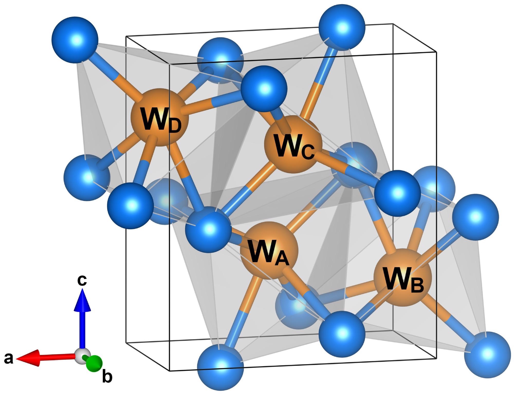 The orthorhombic crystal structure of tungsten phosphide WP with space group Pnma. Orange and blue spheres indicate W and P ions, respectively, with nonequivalent lattice positions of the W ions labeled as WA, WB, WC, WD. Face-sharing WP6 octahedra are shaded in gray.