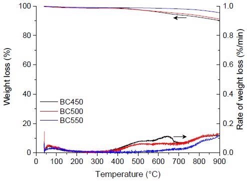 Figure 2. TG and DTG curves for the pyrolysis of the ground rubber-based chars.