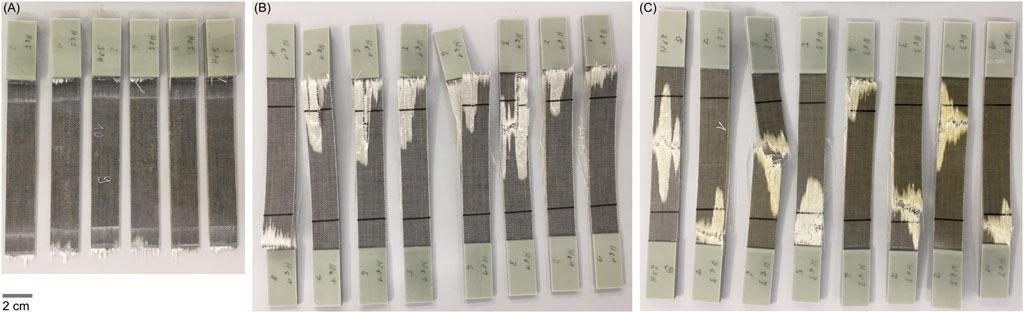 Fracture behavior of hybrid hemp/glass tensile test specimens (glass outer layers) produced by vacuum infusion (A), autoclave injection (B) and RTM (C).