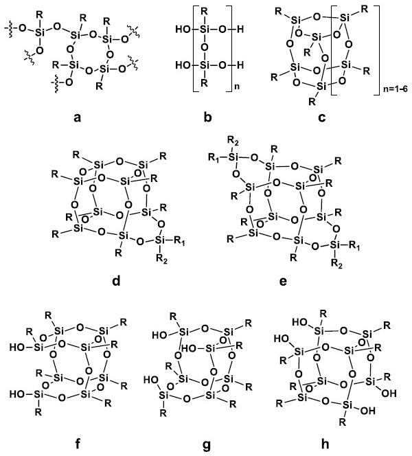 General scheme of different silsesquioxane categories: (a) random (T-resin, polysilsesquioxane); (b) ladder; (c) cage T series; (d) homosilsesquioxane; (e) double-decker; (f) disilanol; (g) trisilanol; (h) tetrasilanol.