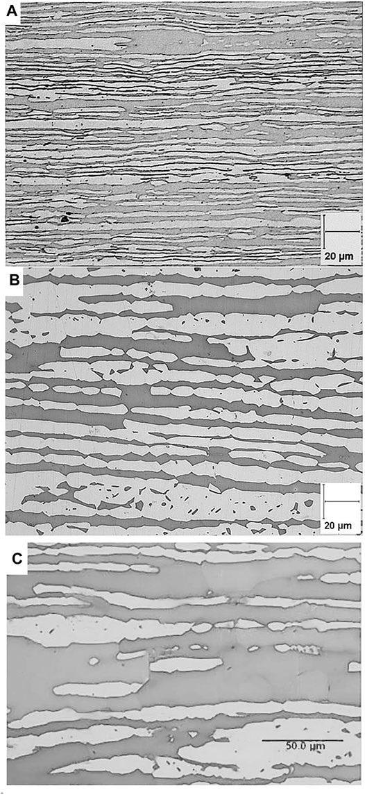 Microstructure of UNS 32750 SDSS alloys (A) thin tube SDSS 1, (B) thin plate SDSS 2, and (C) thick plate SDSS 3. Ferrite phase appears in dark gray and austenite phase in light gray.