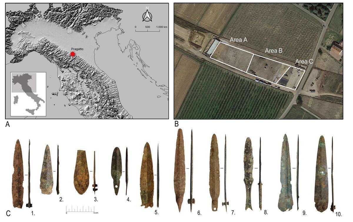 Figure 1. 1A: Site location; 1B: Aerial view of the site highlighting excavation areas A, B and C (source: Google Earth); 1C: Copper-alloy daggers analyzed as part of the research. Specimen 1) no 1617; 2) no 2037; 3) no 175; 4) no 1707; 5) no 2041; 6) no 1798; 7) no 2035; 8) no 1683; 9) no 1321;10) no 264.