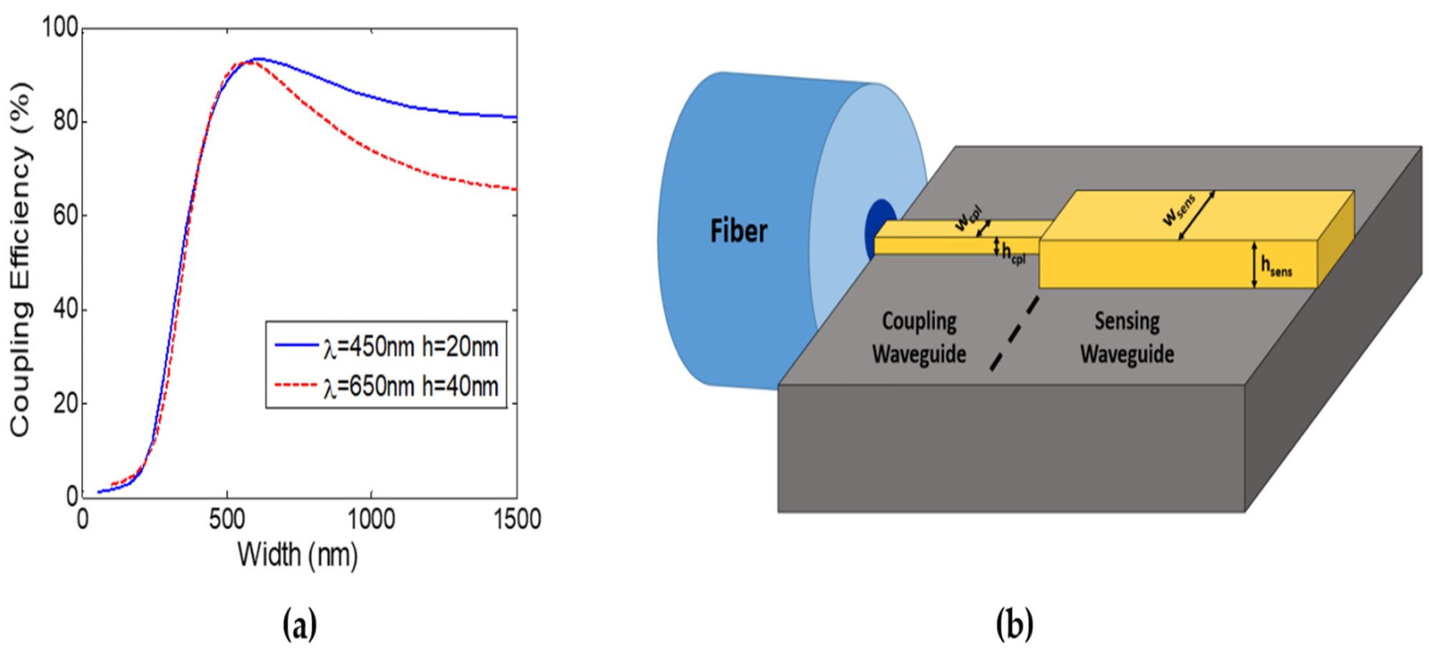 (a) Fiber to strip waveguide coupling efficiency versus waveguide width at ? = 450 nm and ? = 650 nm with h = 20 nm and h = 40 nm, respectively. (b) Schematic of two-step fiber edge coupling.