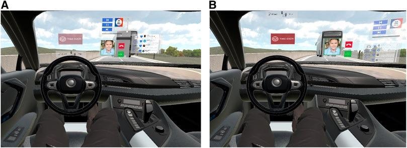 Condition M: Multiple floating windows displayed on a 3D WSD for SAE L3 AD. (A) Baseline, screen-fixed 2D WSD content proposed by Riegler et al. (2018) for SAE L3. (B) Example personalization using 3D WSD content for SAE L3.