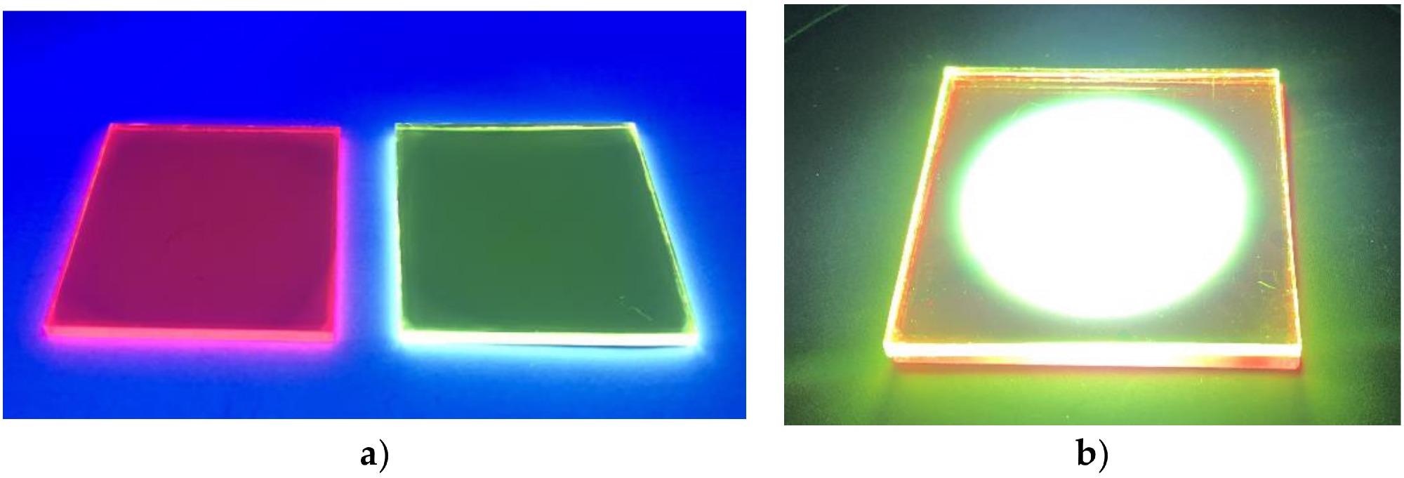 (a) Photoluminescent red-emitting and green-emitting converters embedded in a PMMA matrix and coated on glass under exposure to blue light. (b) White light emitted by the WLED-11-I device.