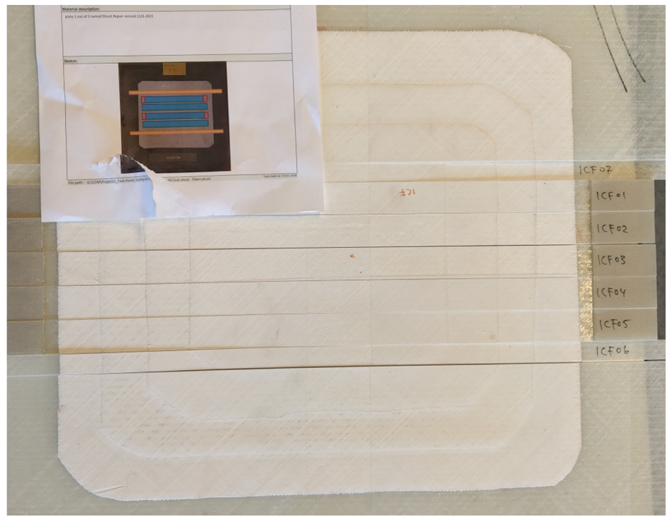 Photo of repaired plate, and geometry of samples to be cut out.