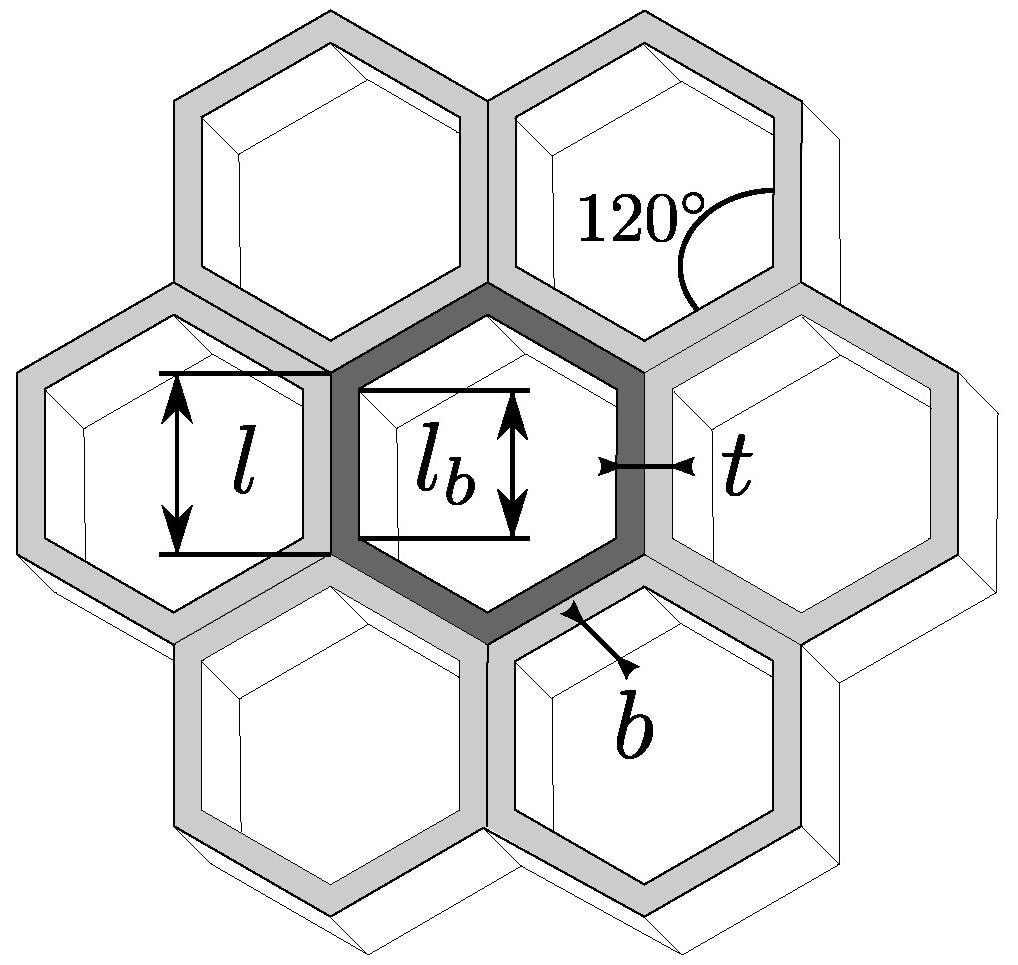 Dimensions of the hexagonal honeycombs [14]. A unit cell of material is highlighted.