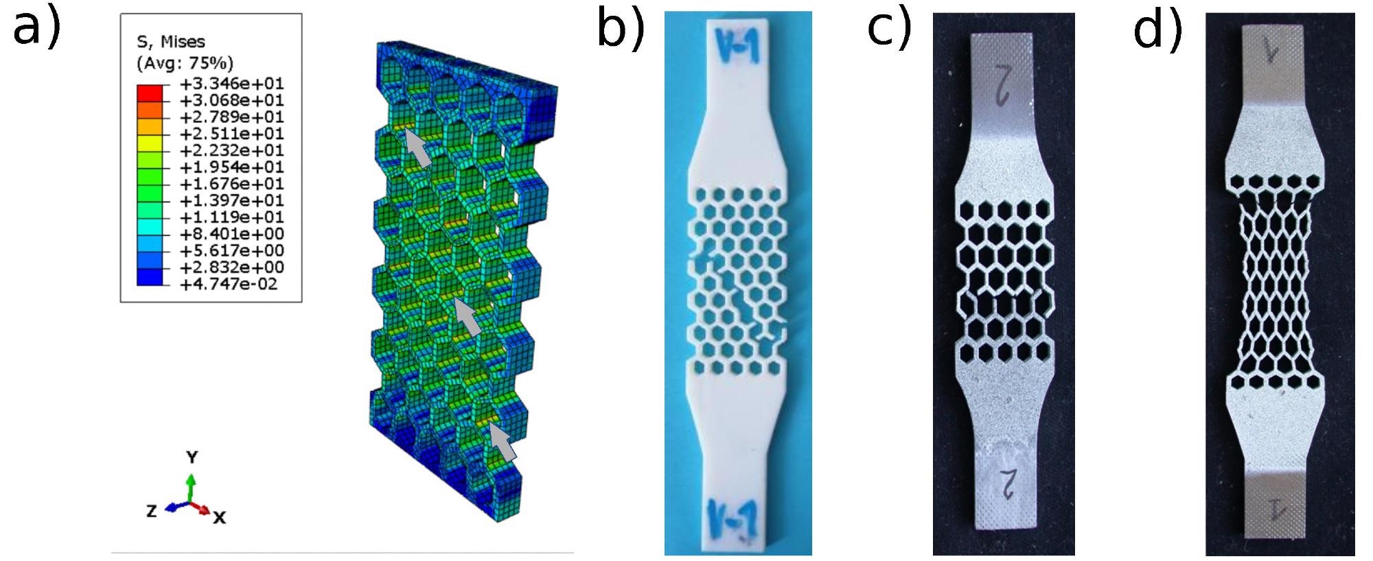 (a) Von Mises stress distribution for the Stratasys Vero PureWhite sample loaded by the axial tensile force of 200 N. The stress value is expressed in MPa.  Stress values ​​are expressed in MPa.  The maximum stress is identified at the connection nodes of the individual honeycomb cells.  Some nodes with stress concentration are marked with arrows.  Experimental samples of Stratasys Vero White polymer (b), Ti6Al4V titanium alloy (c) and 316L stainless steel (d) show fractures at the connection modes.