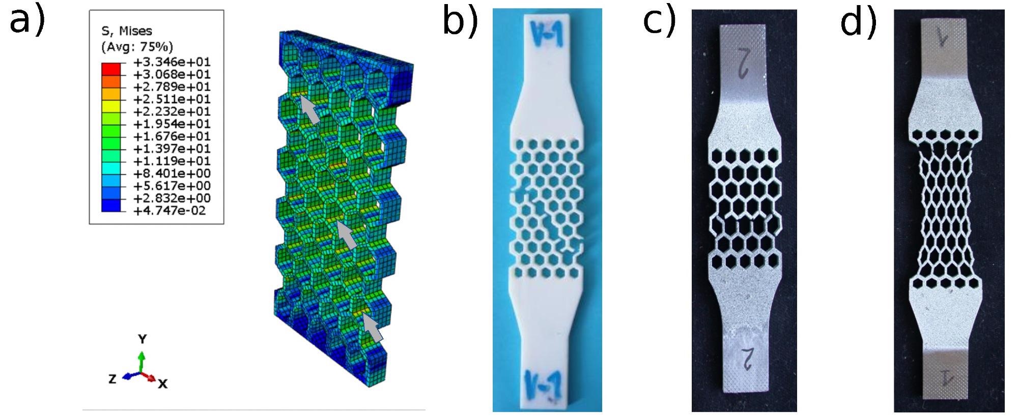 (a) von Mises stress distribution for Stratasys Vero PureWhite specimen loaded by the axial tensile force of 200 N. Value of stress is expressed in MPa. Values of stress are expressed in MPa. Maximum stress is identified at connecting nodes of individual honeycomb cells. Few nodes with stress concentration are marked by arrows. Experimental specimens from Stratasys Vero White polymer (b), titanium alloy Ti6Al4V (c) and stainless steel 316L (d) show fractures at connecting modes.