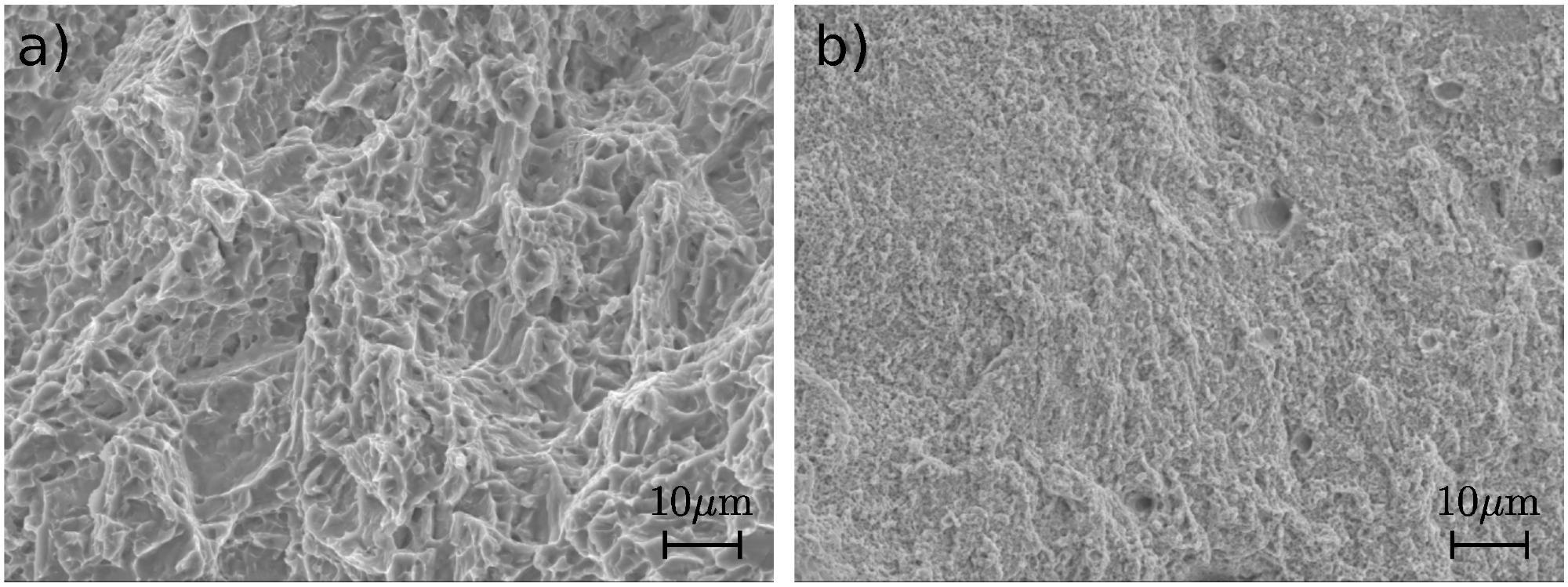 Micrographs of fracture surfaces of the specimens after tensile test made of (a) titanium alloy Ti6Al4V and (b) stainless steel 316L.