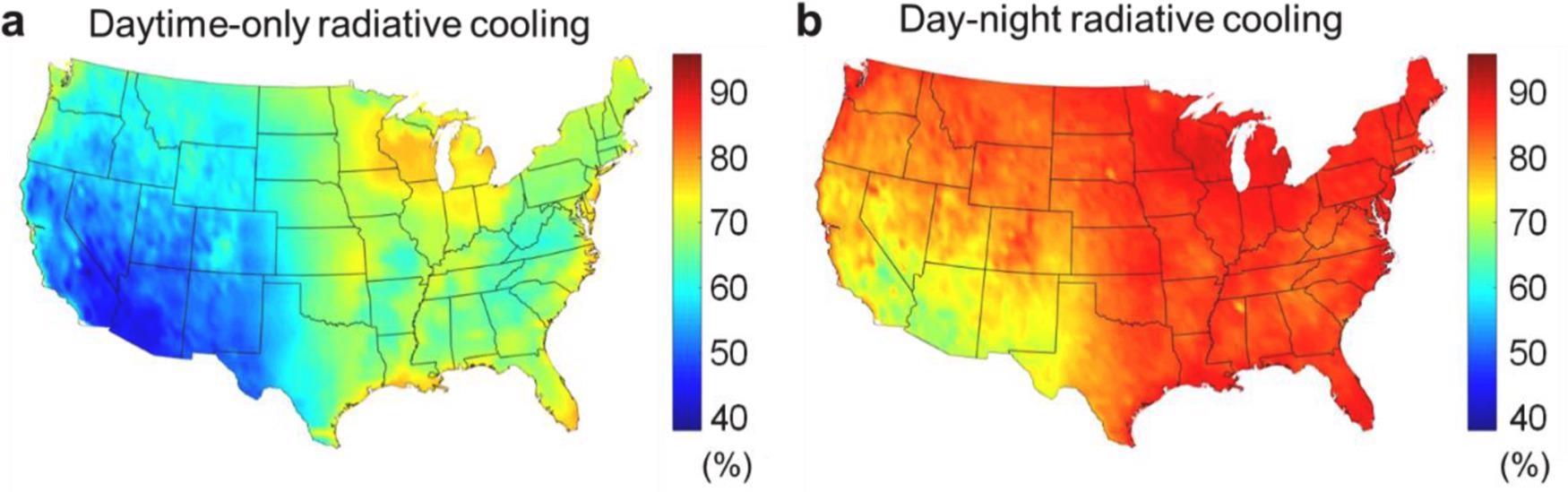 Annual water saving maps of the contiguous US for wet-cooled CSP plants. (a) The daytime-only radiative cooling system. (b) The day-night radiative cooling system. The daytime-only radiative cooling system potentially reduces 40 – 60% of the water loss of CSP plants in the southwestern US region while the day-night radiative cooling system reduces the water loss by 65 – 85% in the same region.