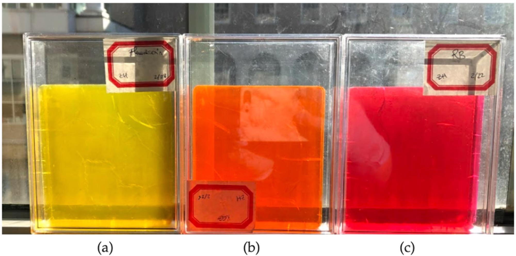 Images of 10 × 10 × 1.5 cm silica aerogels made with (a) Fluorescein; (b) Rhodamine 6G; and (c) Rhodamine B.