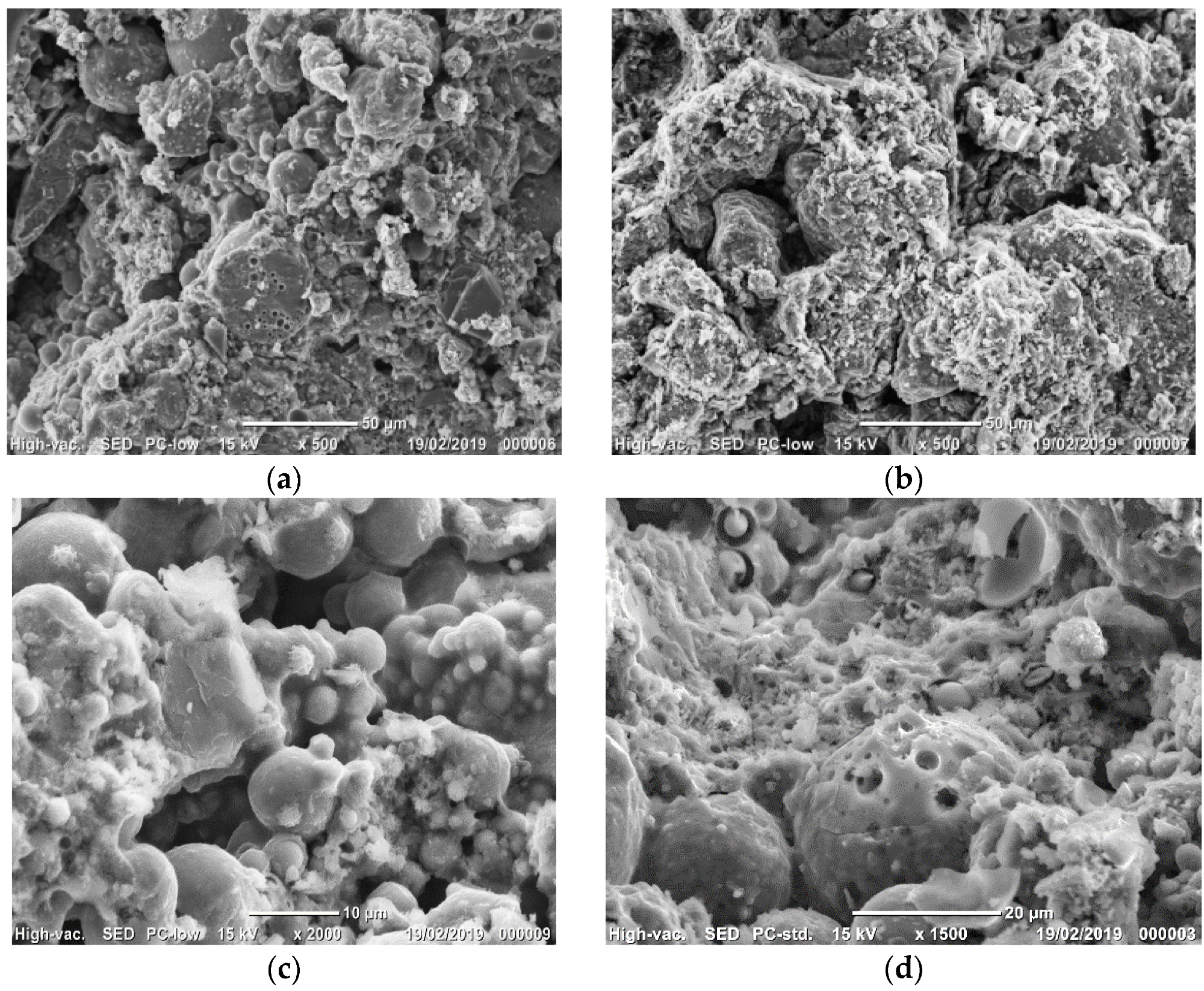 Scanning Electron Microscopy observations of CEB ((a,c,e) for F4 and (b,d,f) for F4