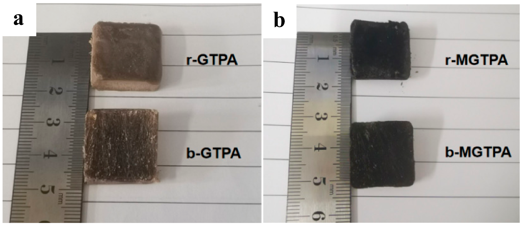 (a) Photograph of r-GTPA and b-GTPA. (b) Photograph of r-MGTPA and b-MGTPA.