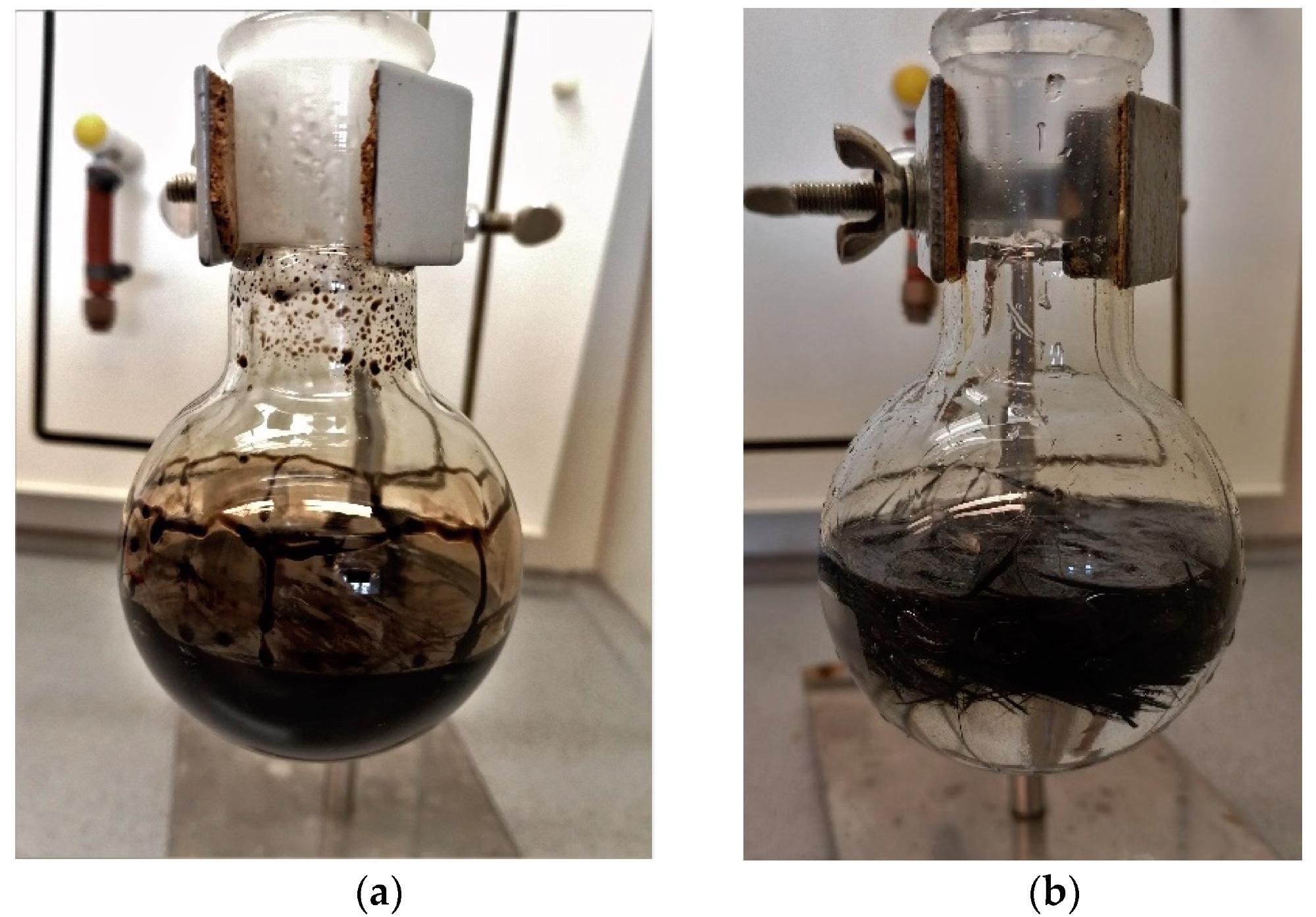 (a) Carbon/epoxy sample during sulfuric acid digestion;  (b) after adding hydrogen peroxide Description of what is contained in the second panel.