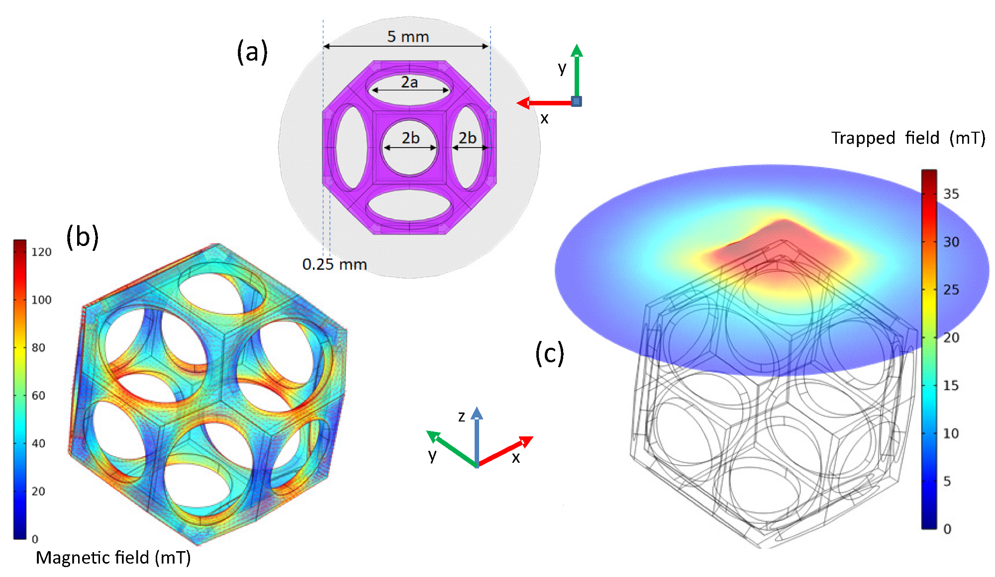 First modelling of trapped fields of a foam using the Kelvin cell, the dimensions of which are given in (a). (b) presents the distribution of the local magnetic field after field cooling in a field of 50 mT, and (c) gives the trapped field distribution at 2.75 mm above the foam.