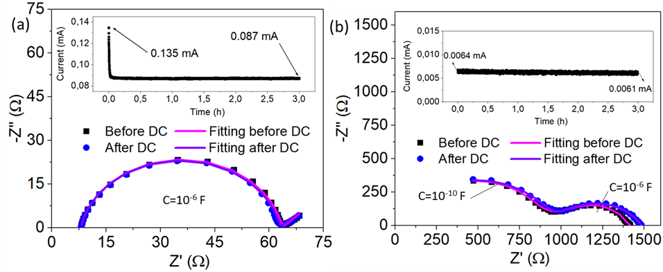 Chronoamperometry and EIS for lithium transference number estimation for (a) PEO-LiTFSI and (b) PEO-LiPSTFSI with the corresponding fitting curves.