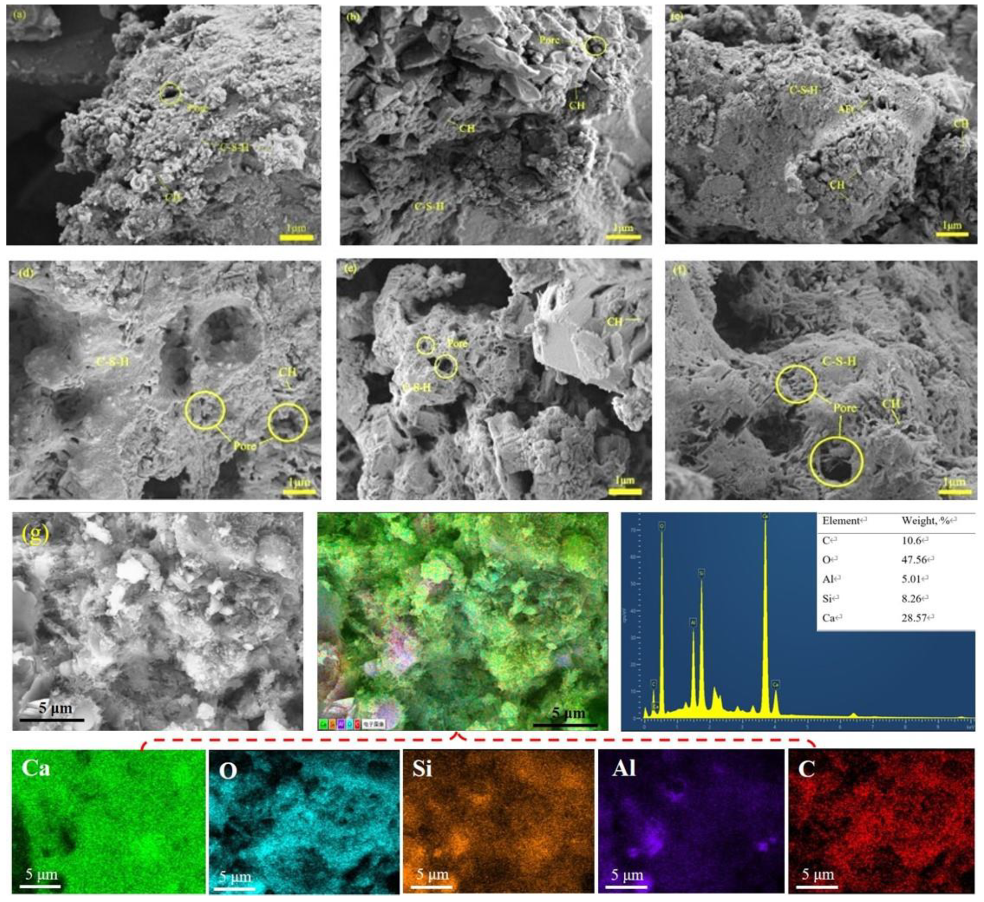 SEM images of various cement specimens, (a) PC0; (b) PC0.2; (c) PC0.4; (d) PC0.6; (e) PC0.8; (f) PC1.0; and (g) EDS elemental mapping of PC0.6.