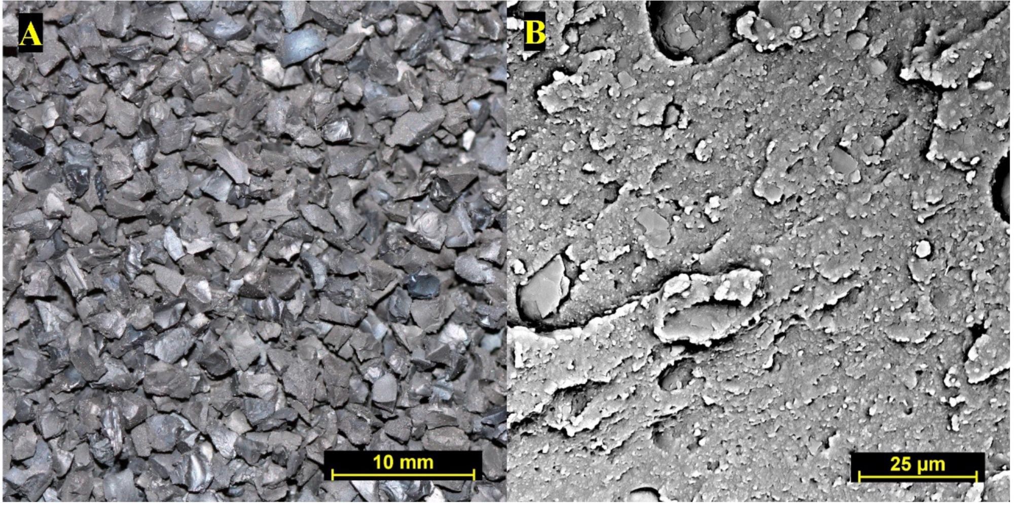 (A)—Macroimage of studied rubber crumb; (B)—SEM image of rubber crumb sample at 2500× magnification.