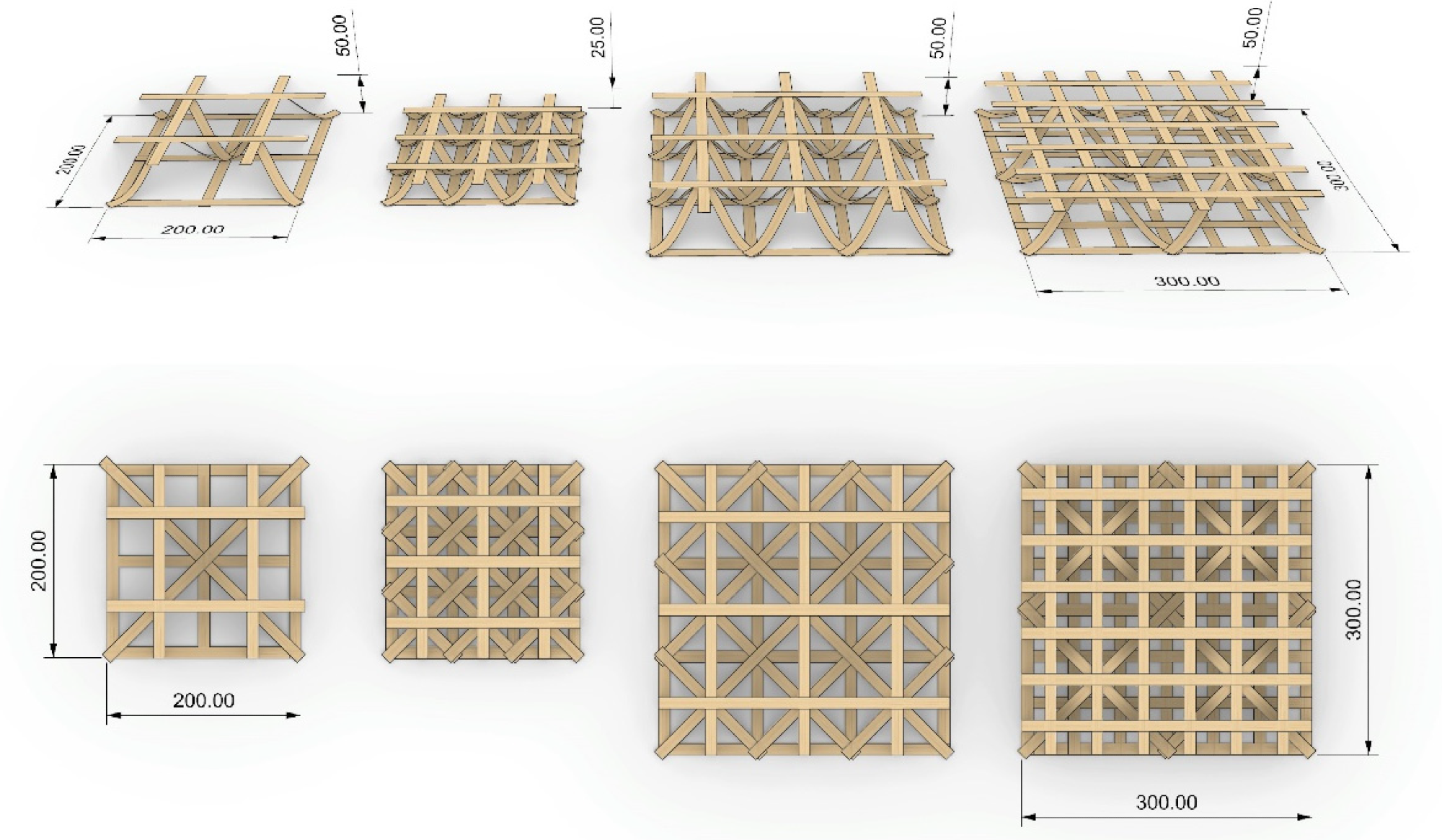 3D trellis layout studies (dimensions in mm).