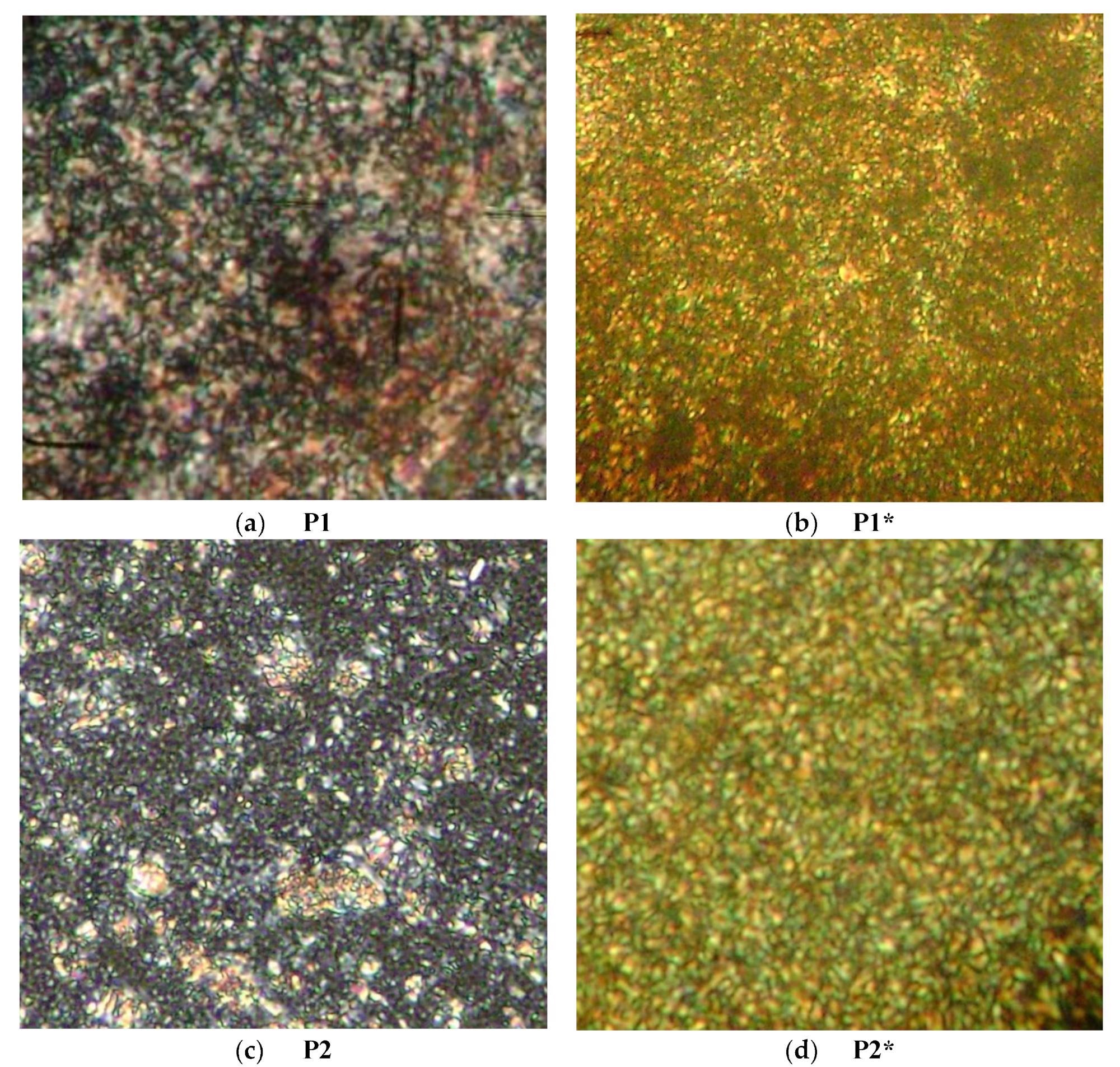 Representative POM images of the treated (a–d) and untreated (e–h) thin films. POM images were acquired using the 40× objective, and the eyepiece had 10× magnification, giving a theoretical magnification of 400×.