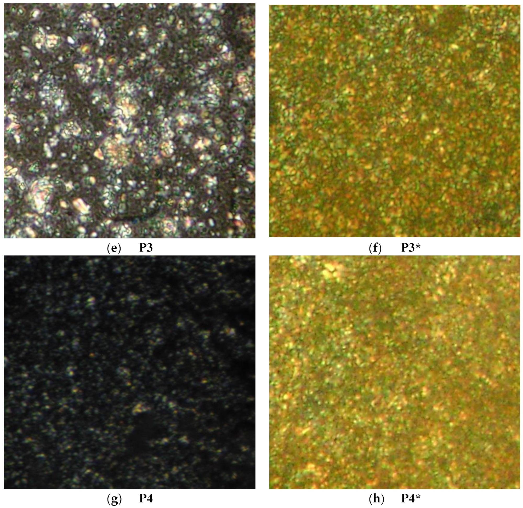 Representative POM images of the treated (a–d) and untreated (e–h) thin films. POM images were acquired using the 40× objective, and the eyepiece had 10× magnification, giving a theoretical magnification of 400×.