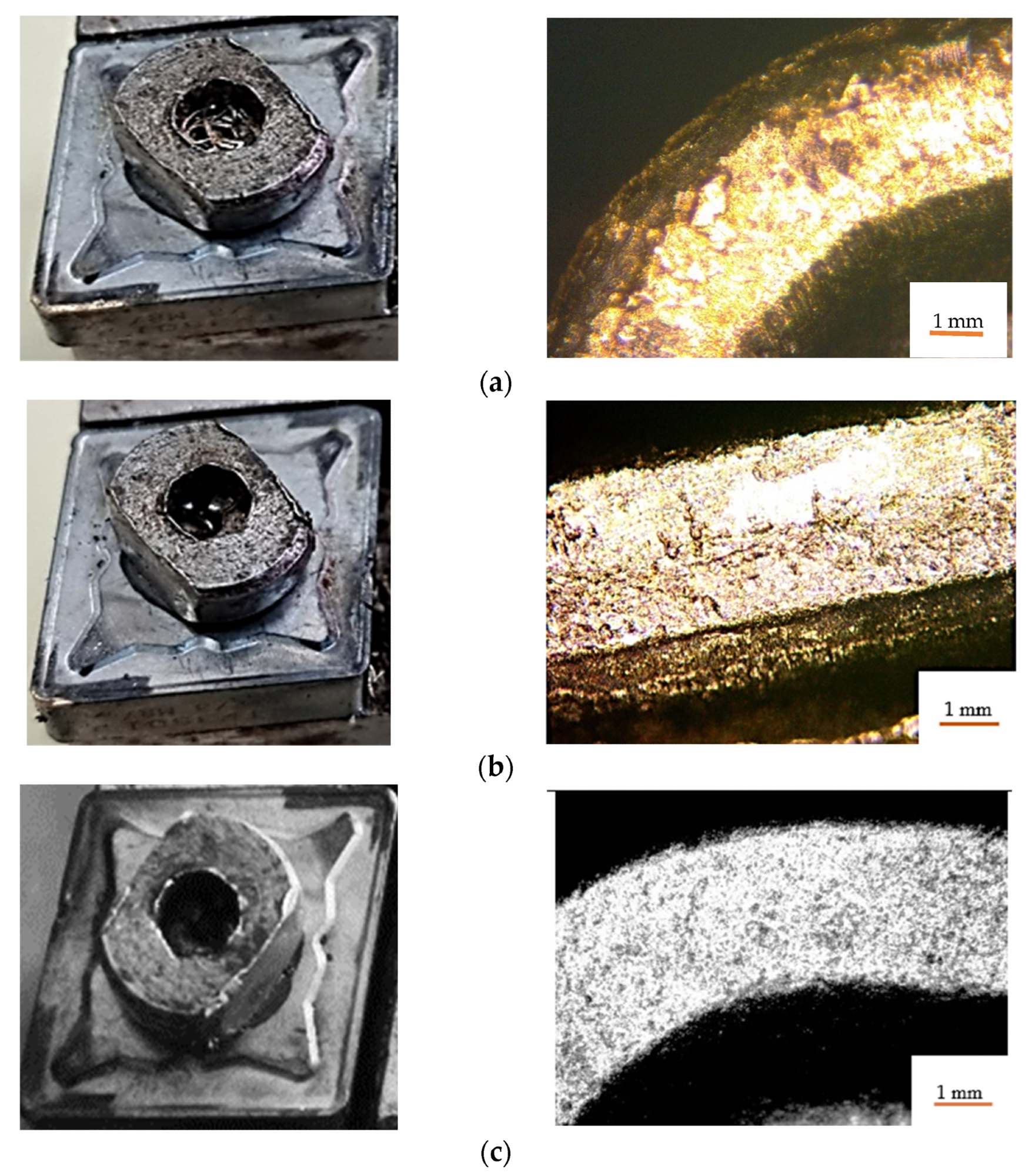 Deposits of processed material on the tool edge: (a)—for tool V01; (b)—for tool V02; (c)—for the tool V03.