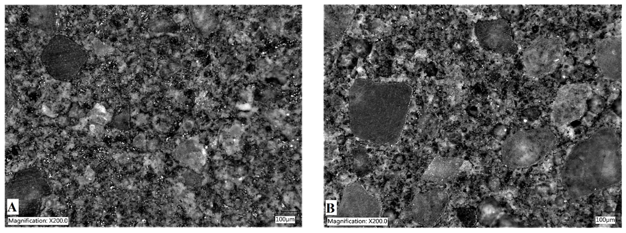 Microscopy images of composites with graphite content: (A) 2 wt% and (B) 1 wt%; graphite particle—black color, cement matrix and sand—lighter color.