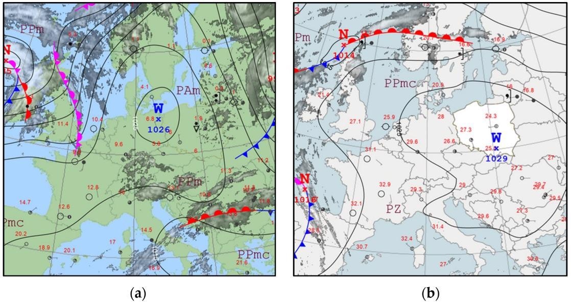Synoptic maps from IMGW-PIB for the situations of: (a) 14 March 2020; and (b) 14 September 2020 (high-pressure situation).