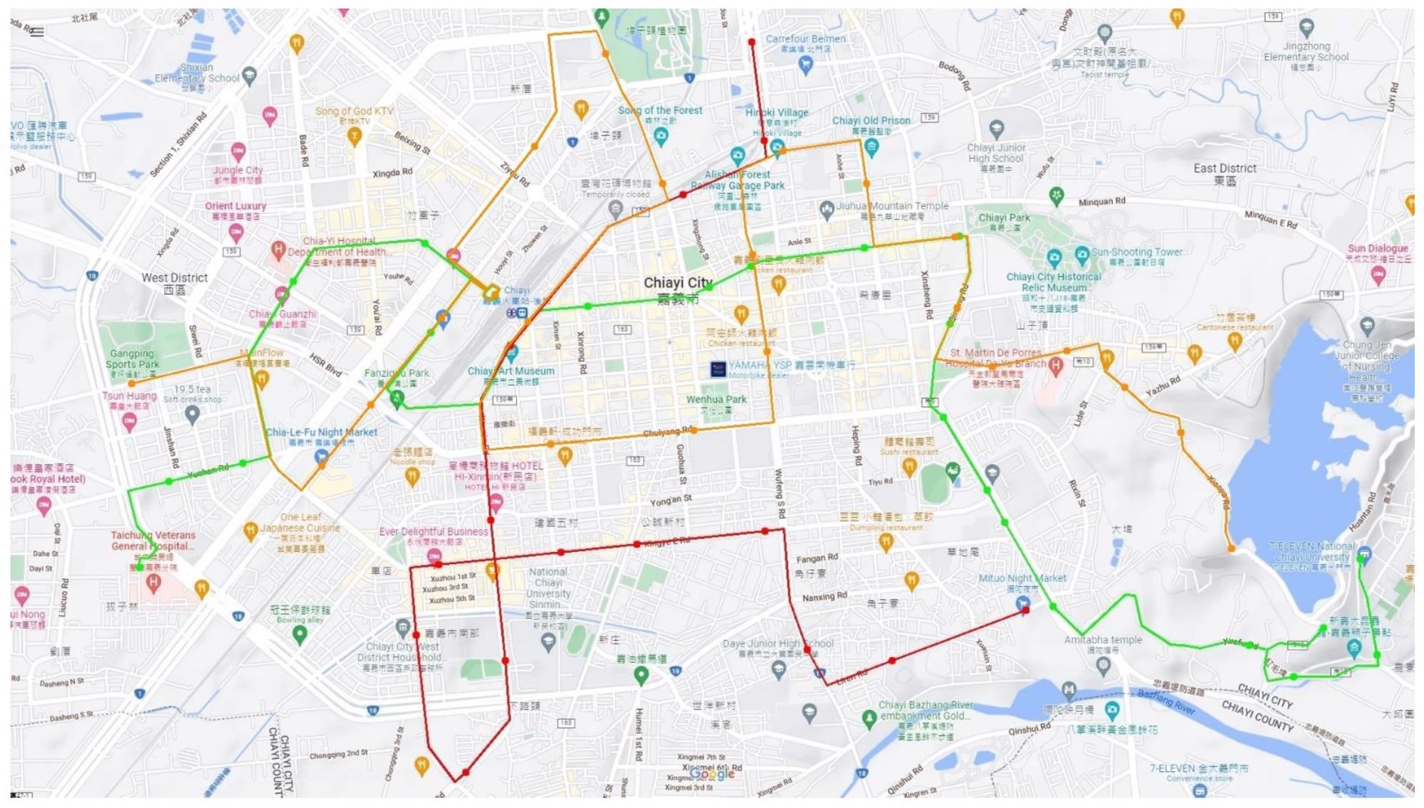 Bus routes in Chiayi city.